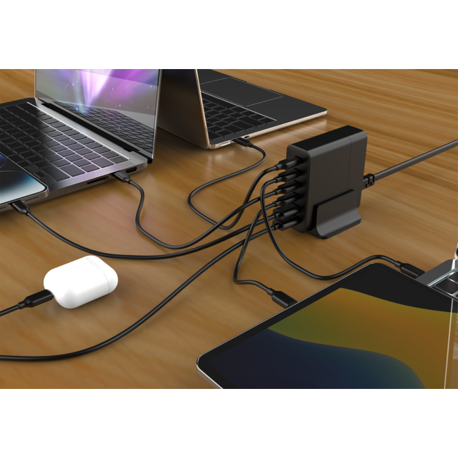 6-poorts 75W GaN USB snellader, zwart