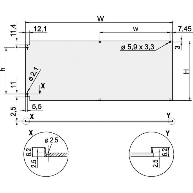 SCHROFF voorpaneel, afgeschermd, zijdelings scharnierend, 6 HE, 84 HP, 2,5 mm, al, vooraan geanodiseerd, achteraan geleidend