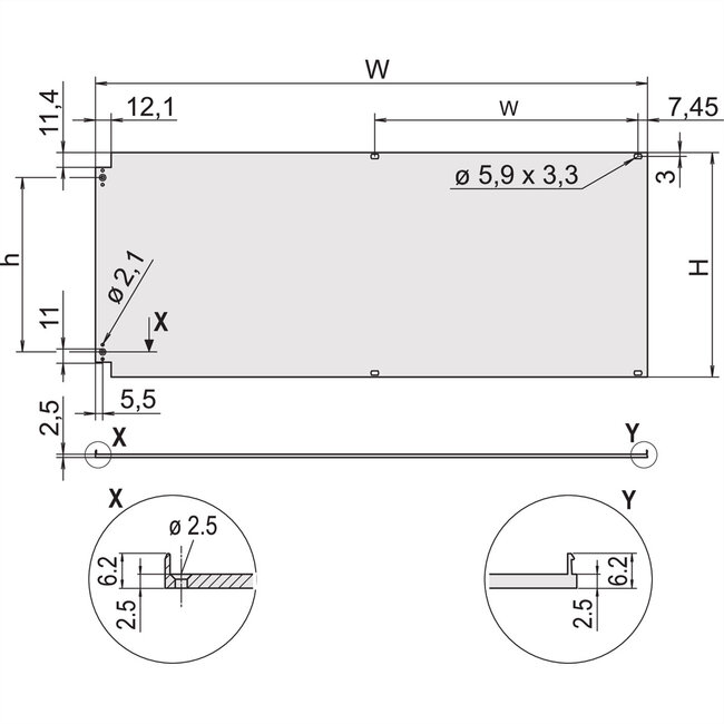 SCHROFF voorpaneel, afgeschermd, zijdelings scharnierend, 6 HE, 84 HP, 2,5 mm, al, vooraan geanodiseerd, achteraan geleidend