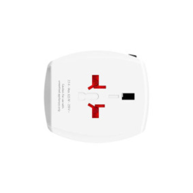 Innovatieve 2-polige wereldreisadapter met geïntegreerde dubbele USB-oplader (1x USB C & 1 x USB)