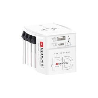 Skross 2-polige wereldreisadapter met geïntegreerde dubbele USB-oplader (1x USB C & 1 x USB) 45 Watt Power Delivery