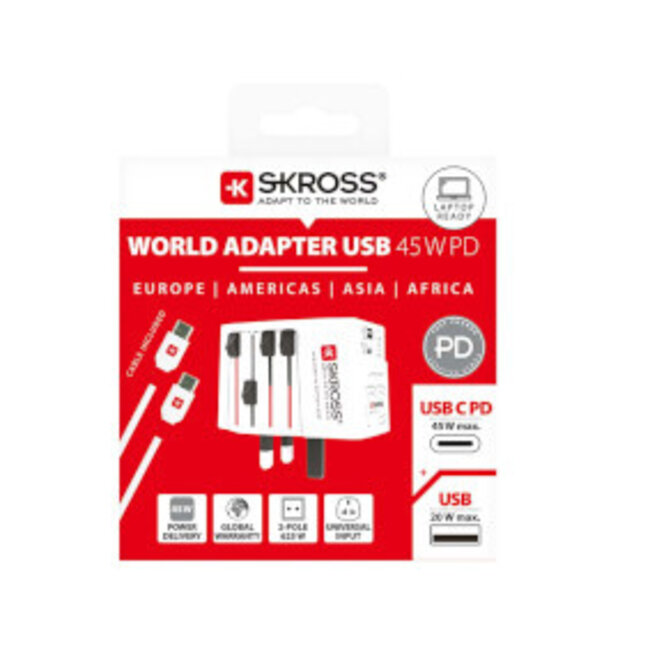 2-polige wereldreisadapter met geïntegreerde dubbele USB-oplader (1x USB C & 1 x USB) 45 Watt Power Delivery