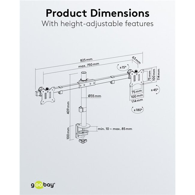 Goobay bureaubeugel voor 2 monitoren tot 32 inch | full motion met crossbar