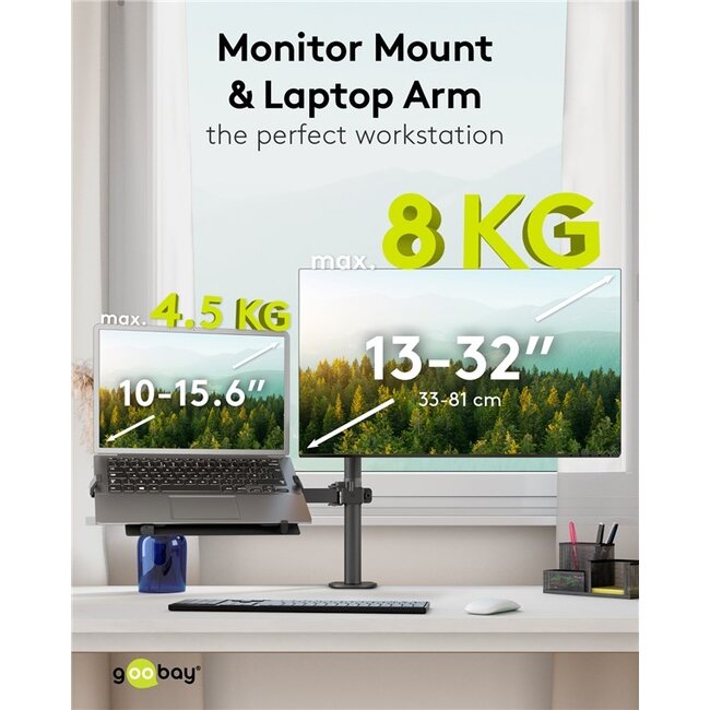 Goobay bureaubeugel voor monitoren tot 32 inch en notebooks tot 15,6 inch | full motion