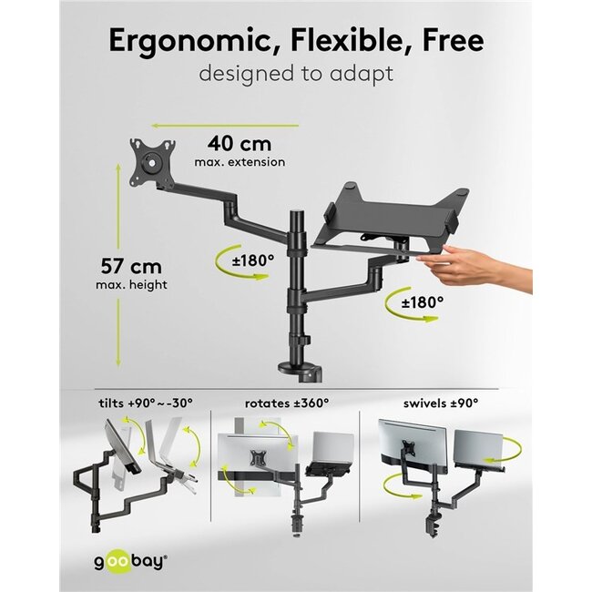 Goobay Pro bureaubeugel voor monitoren tot 32 inch en notebooks tot 17,3 inch | full motion