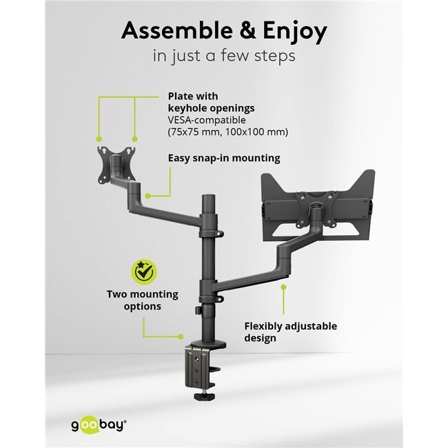 Goobay Pro bureaubeugel voor monitoren tot 32 inch en notebooks tot 17,3 inch | full motion