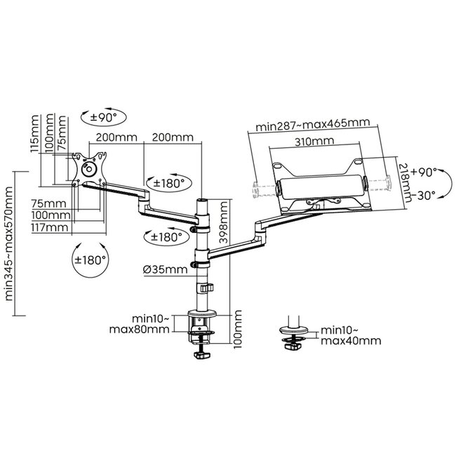 Goobay Pro bureaubeugel voor monitoren tot 32 inch en notebooks tot 17,3 inch | full motion