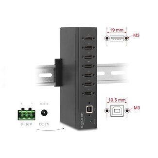 DeLOCK Delock Industry Hub 7 x USB 2.0 Type-A with 15 kV ESD protection and DIN rail mounting