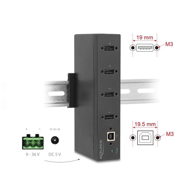 Delock Industry Hub 4 x USB 2.0 Type-A with 15 kV ESD protection and DIN rail mounting