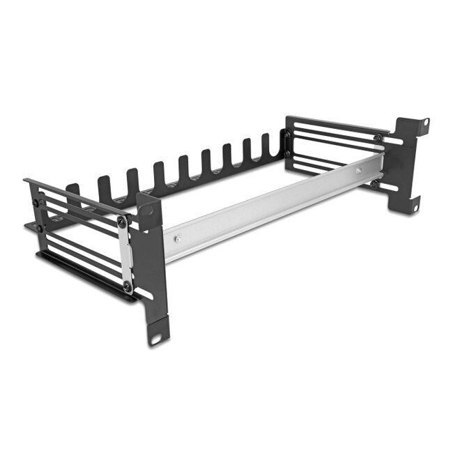 Delock 19″ Circuit-breaker with cover, cable strain relief and deepth-adjustable DIN rail 3U metal black