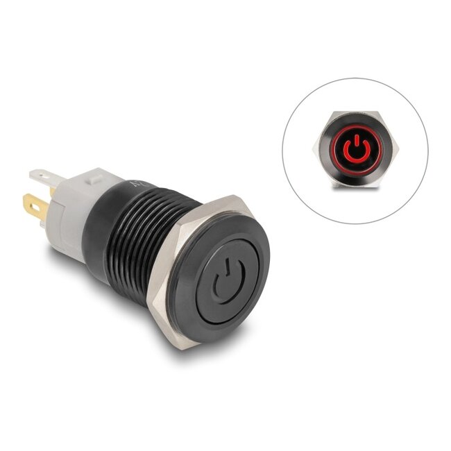 Delock Push Button for Installation black 16 mm 12 V 5 x solder connection LED red power symbol + ring
