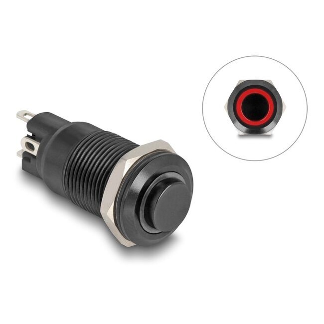 Delock Push Switch for Installation black 12 mm 12 V 4 x solder connection LED red ring