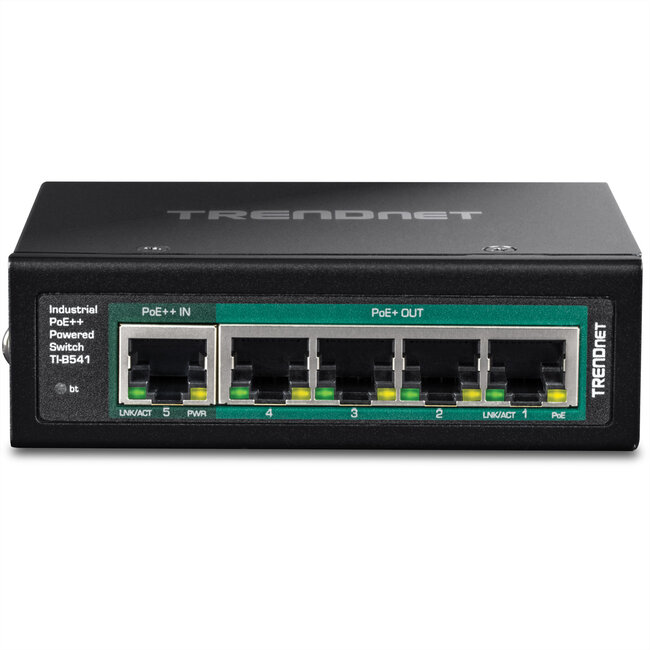 TRENDnet TI-B541 5-Poorts DIN-Rail Switch, PoE++ gevoed met PoE Pass-Through