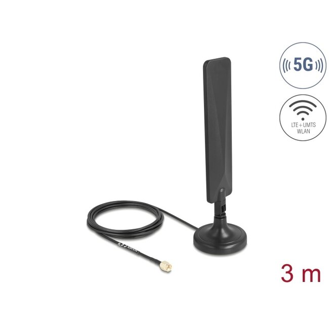 Delock 5G LTE Antenna SMA plug 3 dBi omnidirectional with connection cable RG-174 3 m with tilt joint with magnetic base black
