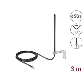 DeLOCK Delock 5G LTE Antenna SMA plug 3 - 5 dBi omnidirectional fixed with connection cable RG-174, 3 m wall mounting outdoor black