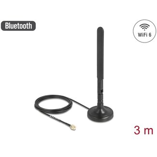 DeLOCK Delock Antenna WiFi 6 RP-SMA plug 3 dBi omnidirectional with connection cable RG-174 3 m with tilt joint with magnetic base black