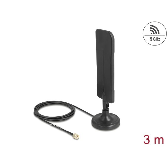 Delock Antenna WiFi 5.8 GHz RP-SMA plug 3 dBi omnidirectional with connection cable RG-174 3 m with tilt joint with magnetic base black