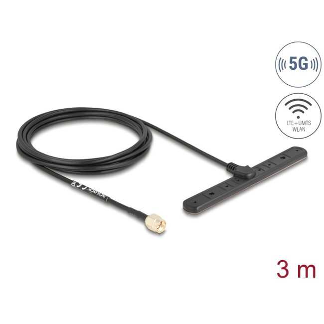 Delock 5G LTE Antenna SMA plug 3 dBi omnidirectional fixed with connection cable RG-174 3 m adhesive mounting outdoor black