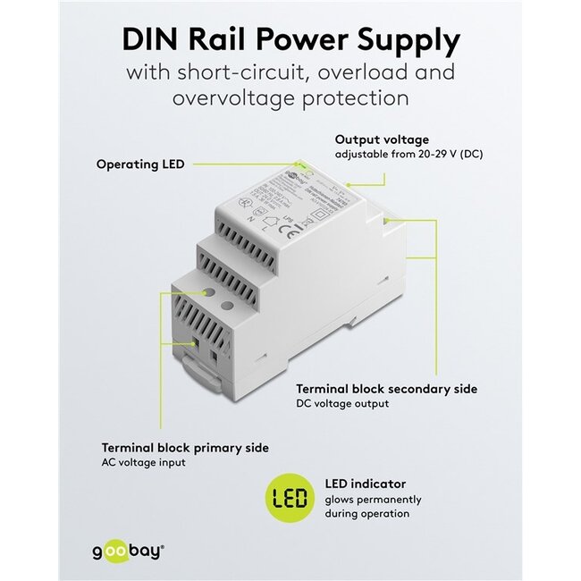 Goobay DIN Rail Power Supply 24 V (DC), 1.5 A, 36 W