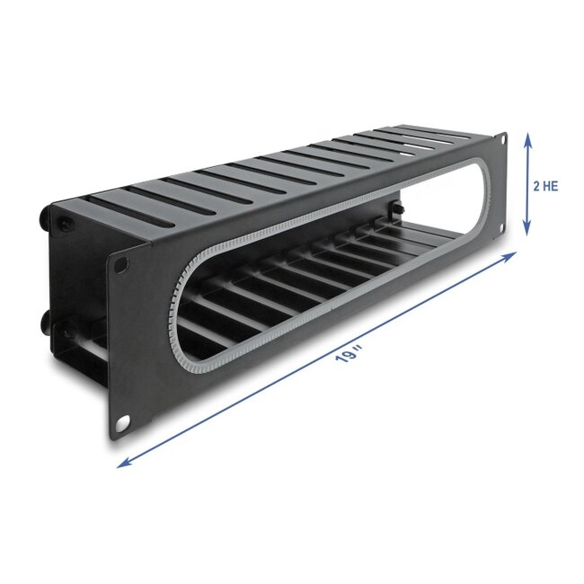 Delock 19″ 2U Cable Management Routing Panel with opening and edge protection black