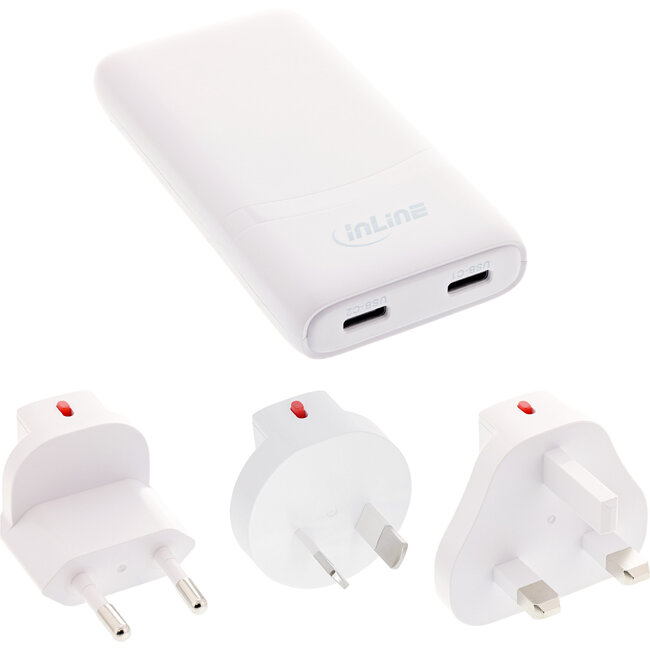 InLine® USB-voeding oplader, dual USB-C, PD, PPS, 65W, plat, wit