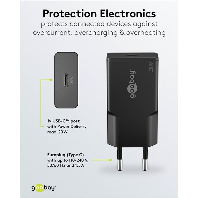 Goobay slim USB lader | USB-C PD | GaN | 20W | zwart