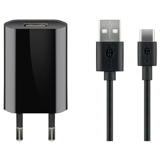 Goobay Goobay USB lader | plat | 1x USB-A | incl. USB-C kabel | 5W | zwart | 1 meter