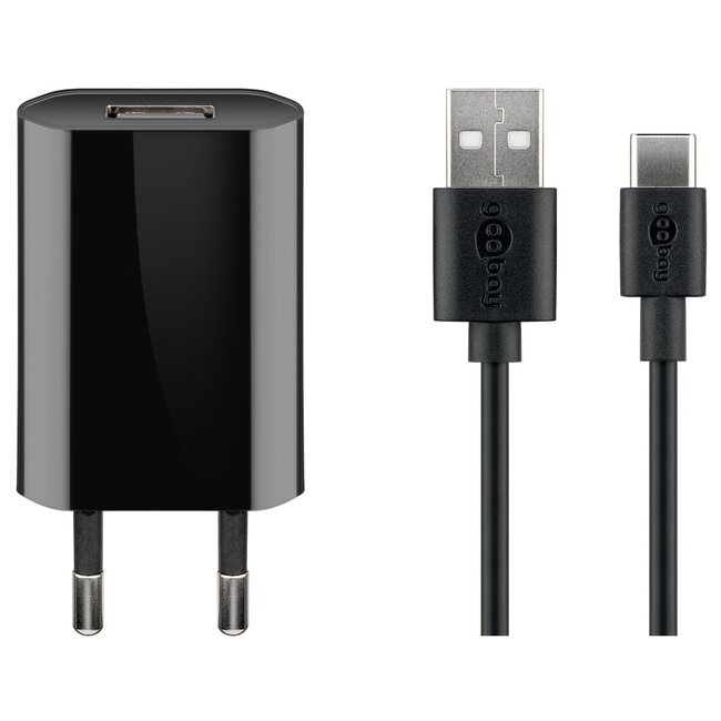Goobay USB lader | plat | 1x USB-A | incl. USB-C kabel | 5W | zwart | 1 meter