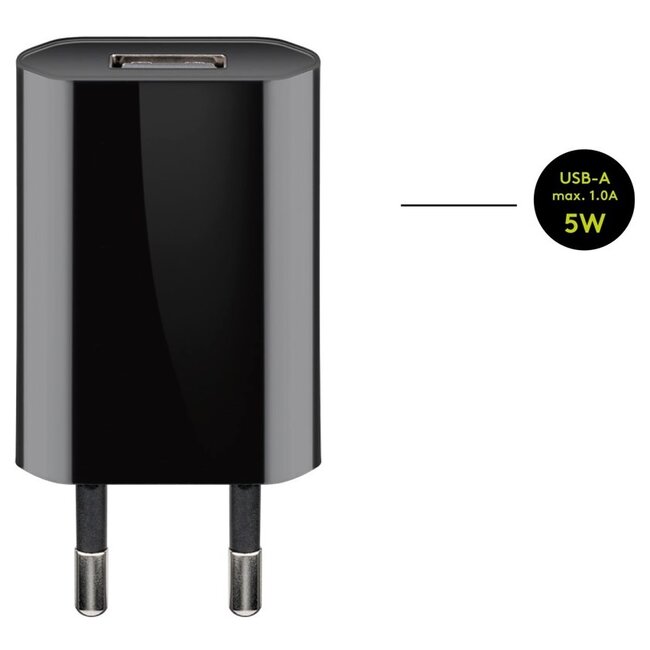 Goobay USB lader | plat | 1x USB-A | incl. USB-C kabel | 5W | zwart | 1 meter