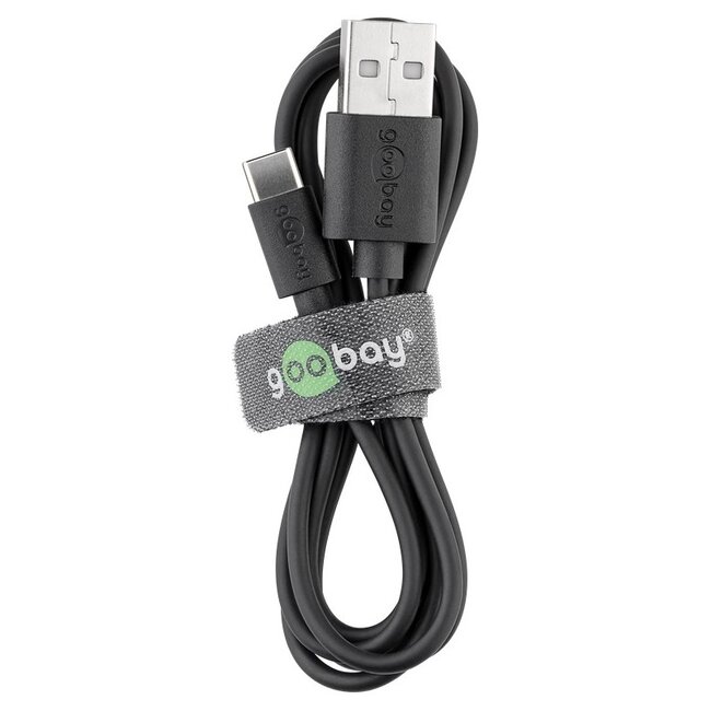 Goobay USB lader | plat | 1x USB-A | incl. USB-C kabel | 5W | zwart | 1 meter