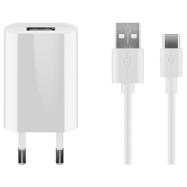 Goobay USB lader | plat | 1x USB-A | incl. USB-C kabel | 5W | wit | 1 meter