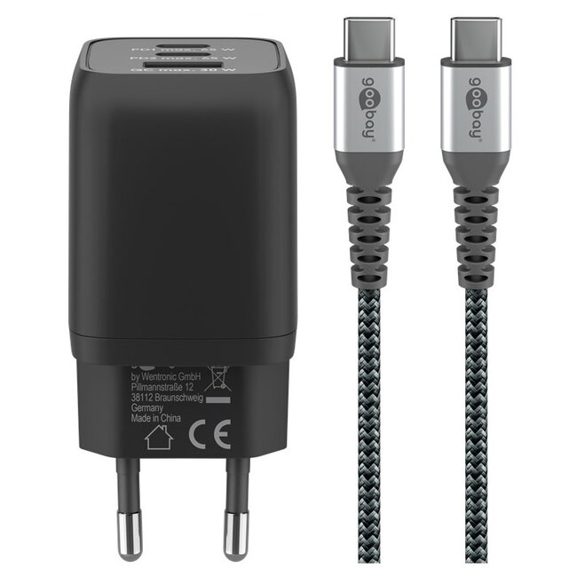 Goobay USB lader | 2x USB-C PD en 1x USB-A QC | incl. USB-C kabel | 65W | zwart | 1 meter