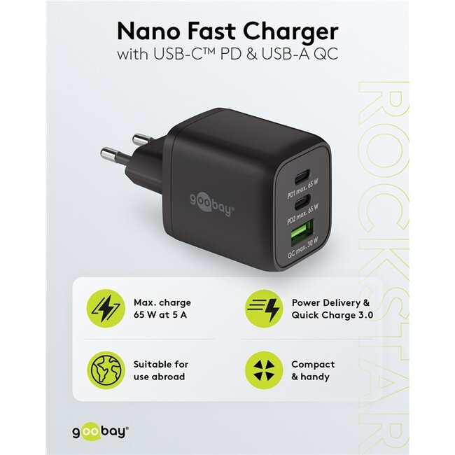 Goobay USB lader | 2x USB-C PD en 1x USB-A QC | incl. USB-C kabel | 65W | zwart | 1 meter