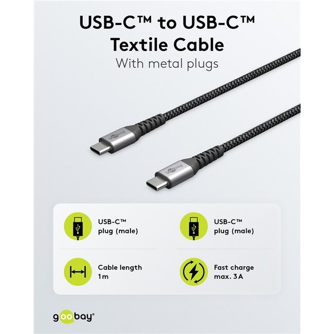 Goobay USB lader | 2x USB-C PD en 1x USB-A QC | incl. USB-C kabel | 65W | zwart | 1 meter