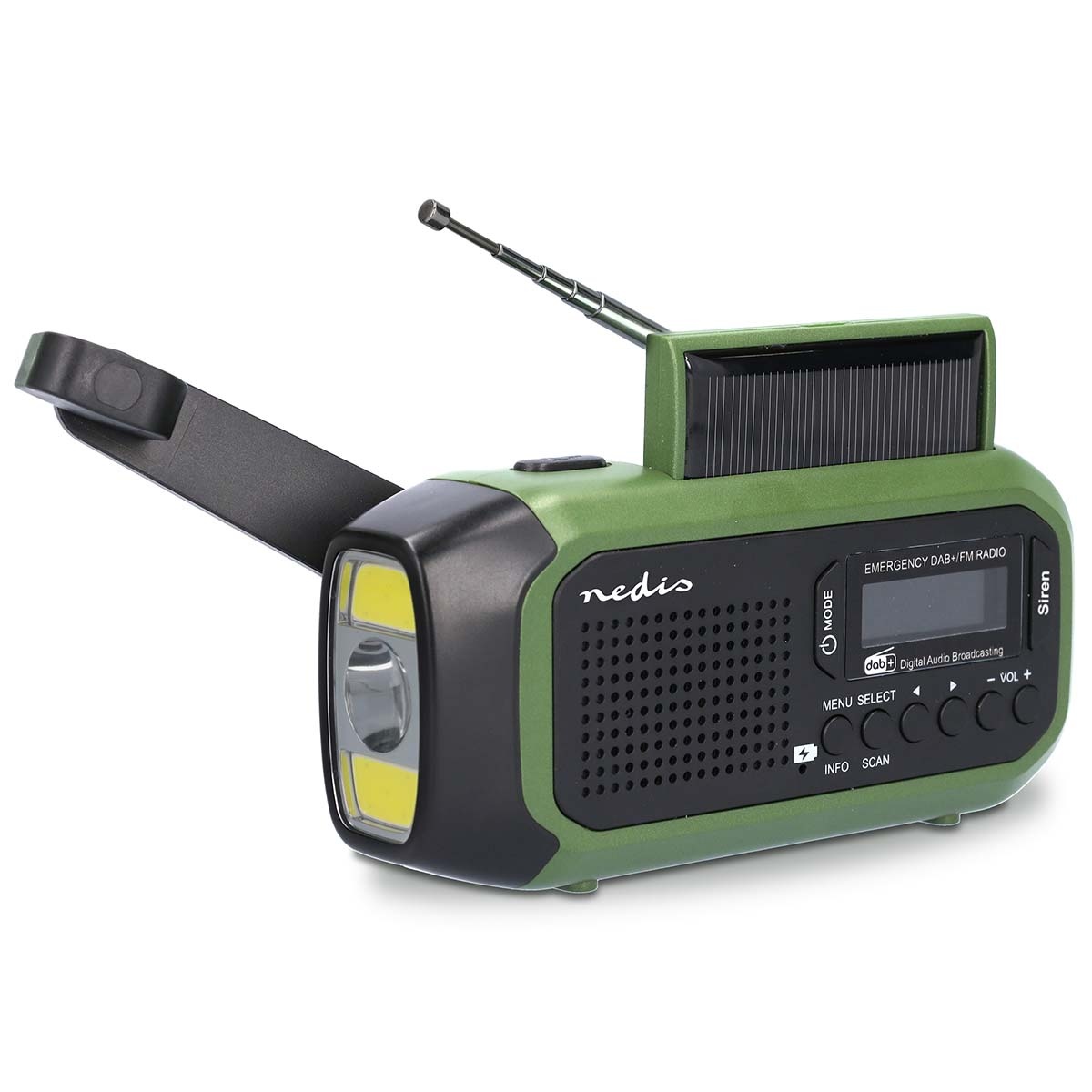 Noodradio - Draagbaar Model - DAB+ / FM - Batterij Gevoed / Handslinger / Solar Powered / USB Gevoed - Wekker - Groen / Zwart