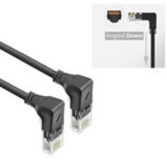 ACT Zwarte 5 meter U/UTP CAT6A LSZH Slimline patchkabel met RJ45 connectoren 90° haaks beneden naar 90° haaks beneden