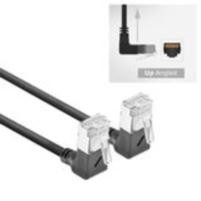 ACT Zwarte 0,25 meter U/FTP CAT6A LSZH Slimline patchkabel met RJ45 connectoren 90° haaks boven naar 90° haaks boven