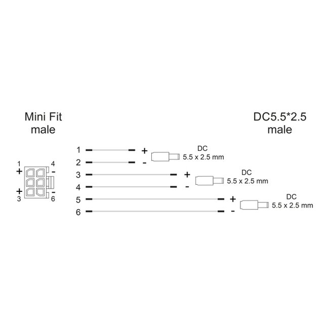Delock Cable Mini-Fit 4.2 mm 6 pin male to 3 x DC 5.5 x 2.5 mm male black