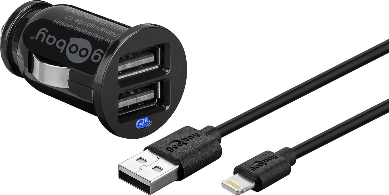 Goobay 71691. Type oplader: Auto, Type stroombron: Sigarettenaansteker, Lader compatibiliteit: Smartphone, Tablet. Ingangsspanning: 12 V, Uitgangsspanning (max): 5 V. Aantal USB 2.