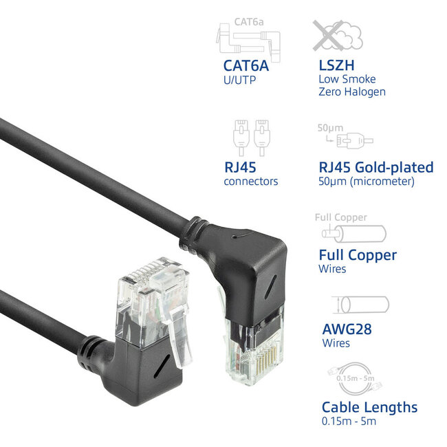 UTP CAT6a slimline netwerkkabel | haaks (boven) / haaks (beneden) | LSZH | zwart | 2 meter