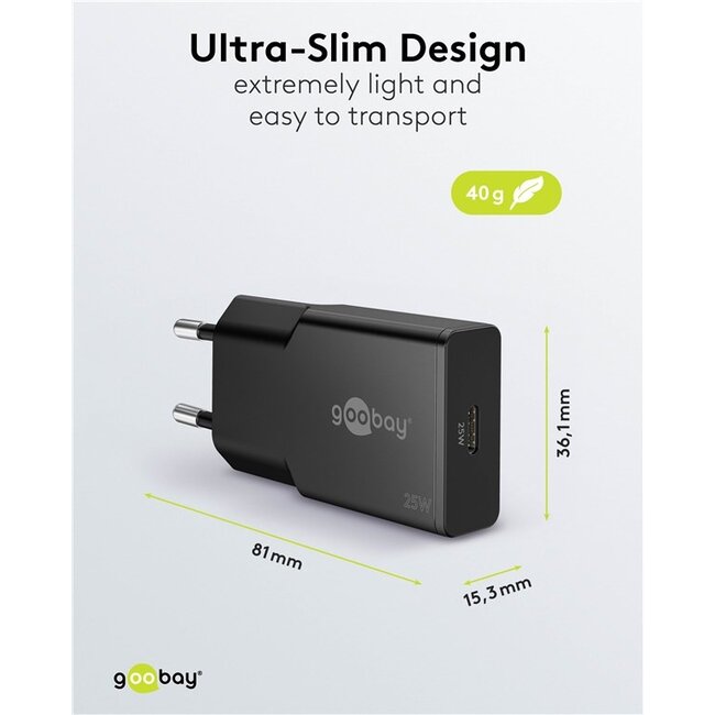 Goobay slim USB lader | USB-C PD | GaN | 25W | zwart