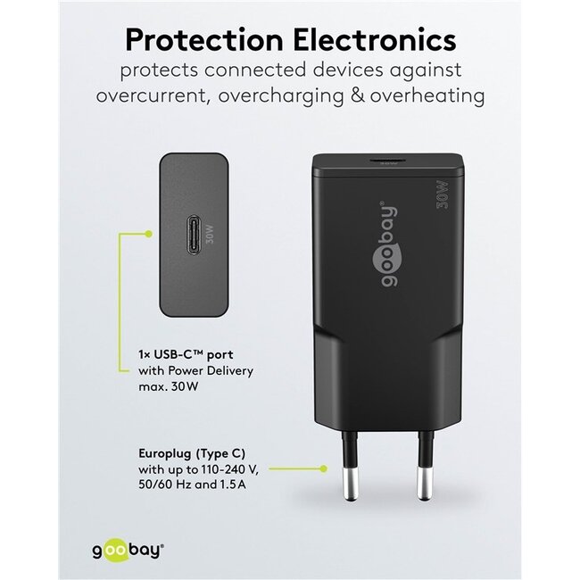 Goobay slim USB lader | USB-C PD | GaN | 30W | zwart