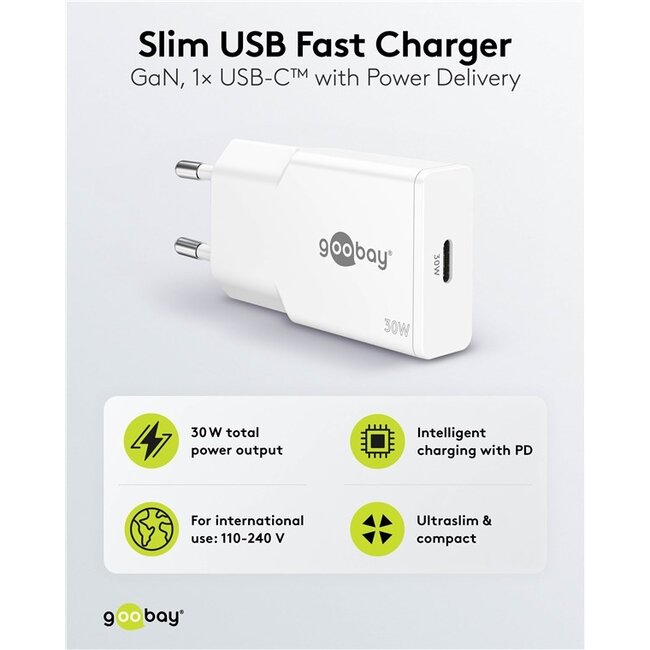 Goobay slim USB lader | USB-C PD | GaN | 30W | wit