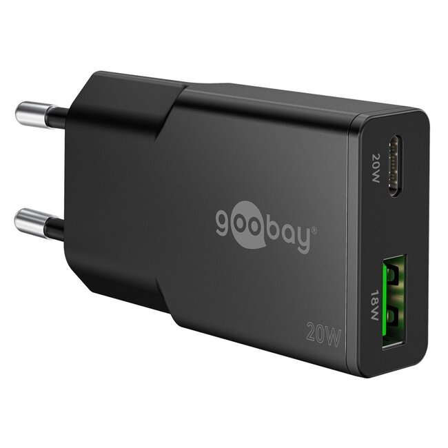 Goobay slim USB lader | USB-C PD + USB-A QC | GaN | 20W | zwart