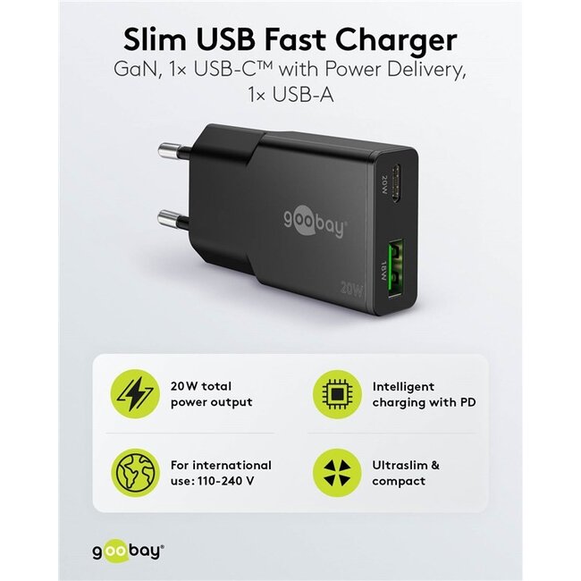Goobay slim USB lader | USB-C PD + USB-A QC | GaN | 20W | zwart