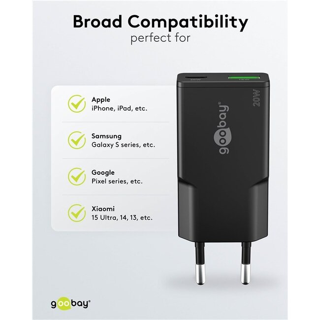 Goobay slim USB lader | USB-C PD + USB-A QC | GaN | 20W | zwart
