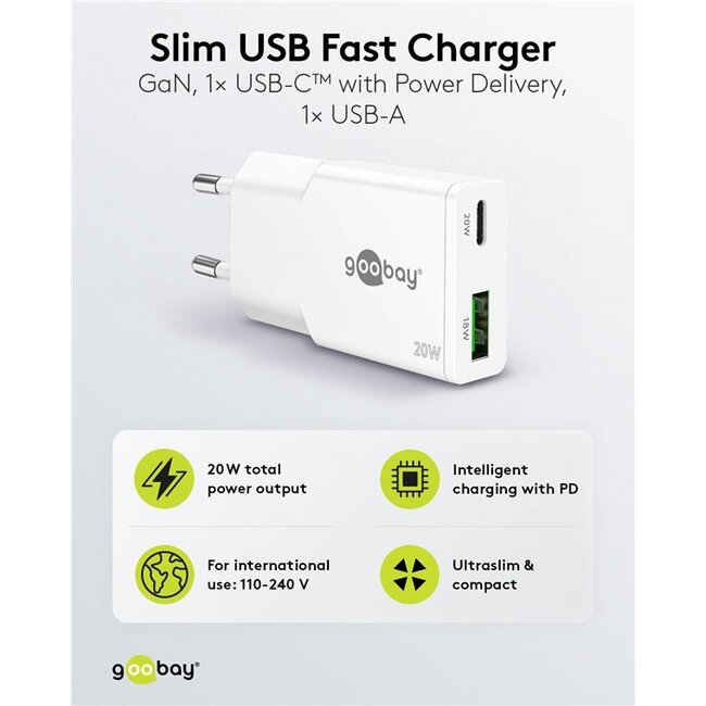 Goobay slim USB lader | USB-C PD + USB-A QC | GaN | 20W | wit