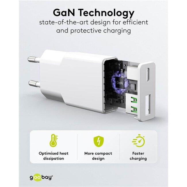 Goobay slim USB lader | USB-C PD + USB-A QC | GaN | 20W | wit
