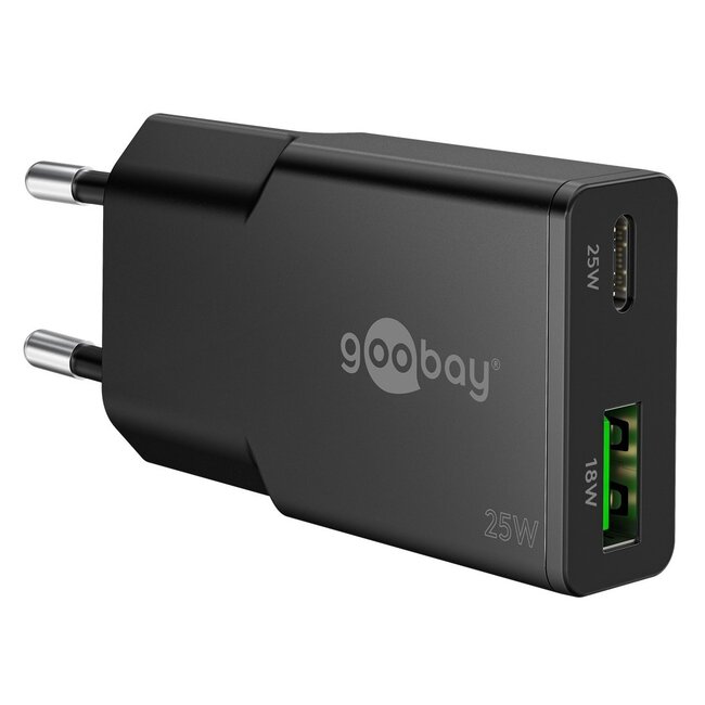 Goobay slim USB lader | USB-C PD + USB-A QC | GaN | 25W | zwart