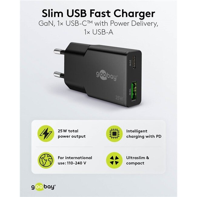 Goobay slim USB lader | USB-C PD + USB-A QC | GaN | 25W | zwart